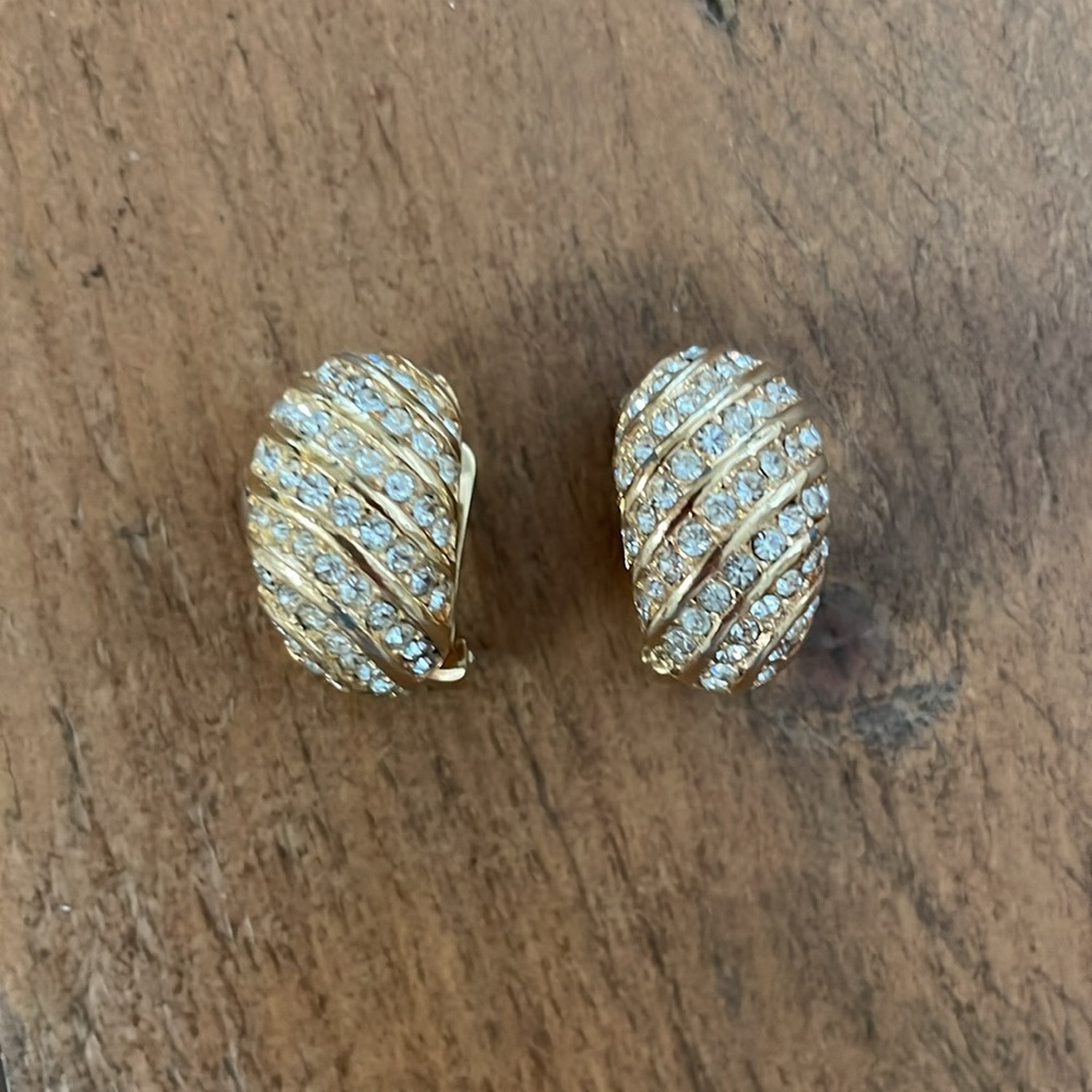 Vintage Signed Christian Dior Rhinestone Gold Tone Huggie Hoop Earrings